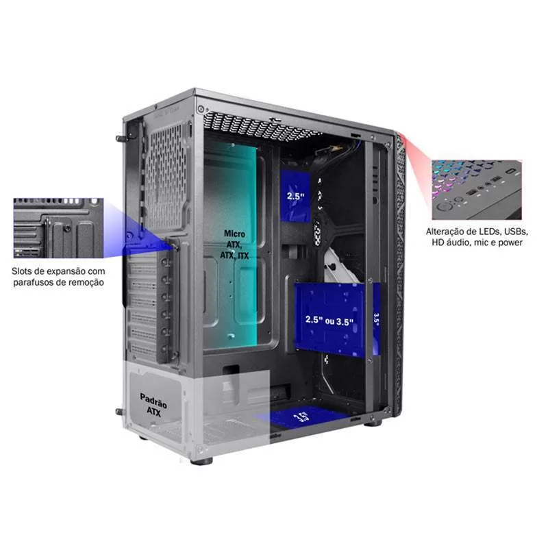 059 - GABINETE GAMING KRATOS III PRETO LED RGB CG-50TP K-MEX - Imagem 2