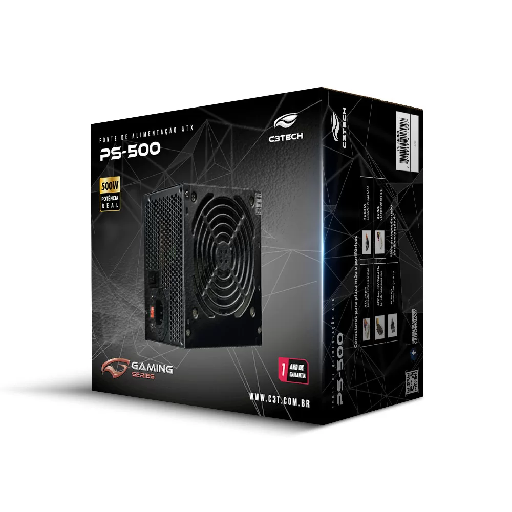 172 - FONTE ATX 500W REAIS SATA PS-500BK S/CABO C3 TECH
