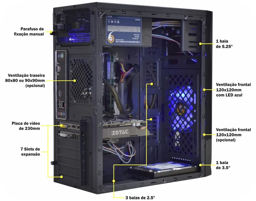 323 - GABINETE GAMING SOLID SNAKE 1 BAIA PRETO LED AZUL CG-02R6 K-MEX - Imagem 5